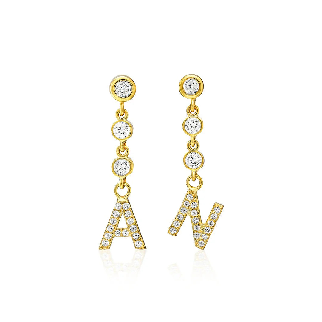 Üç Zirkon Taşlı Harf Küpe | 925 Gümüş