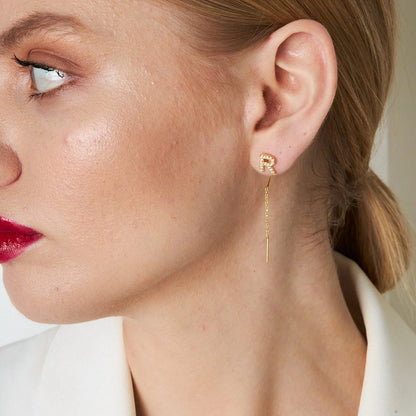 Taşlı Zincirli Harf Küpe | 925 Gümüş