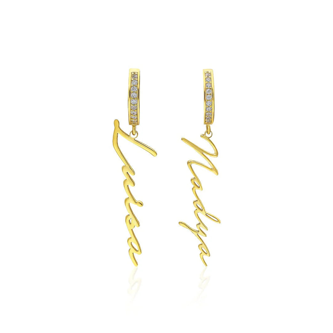 Dikey İsimli Taşlı Küpe