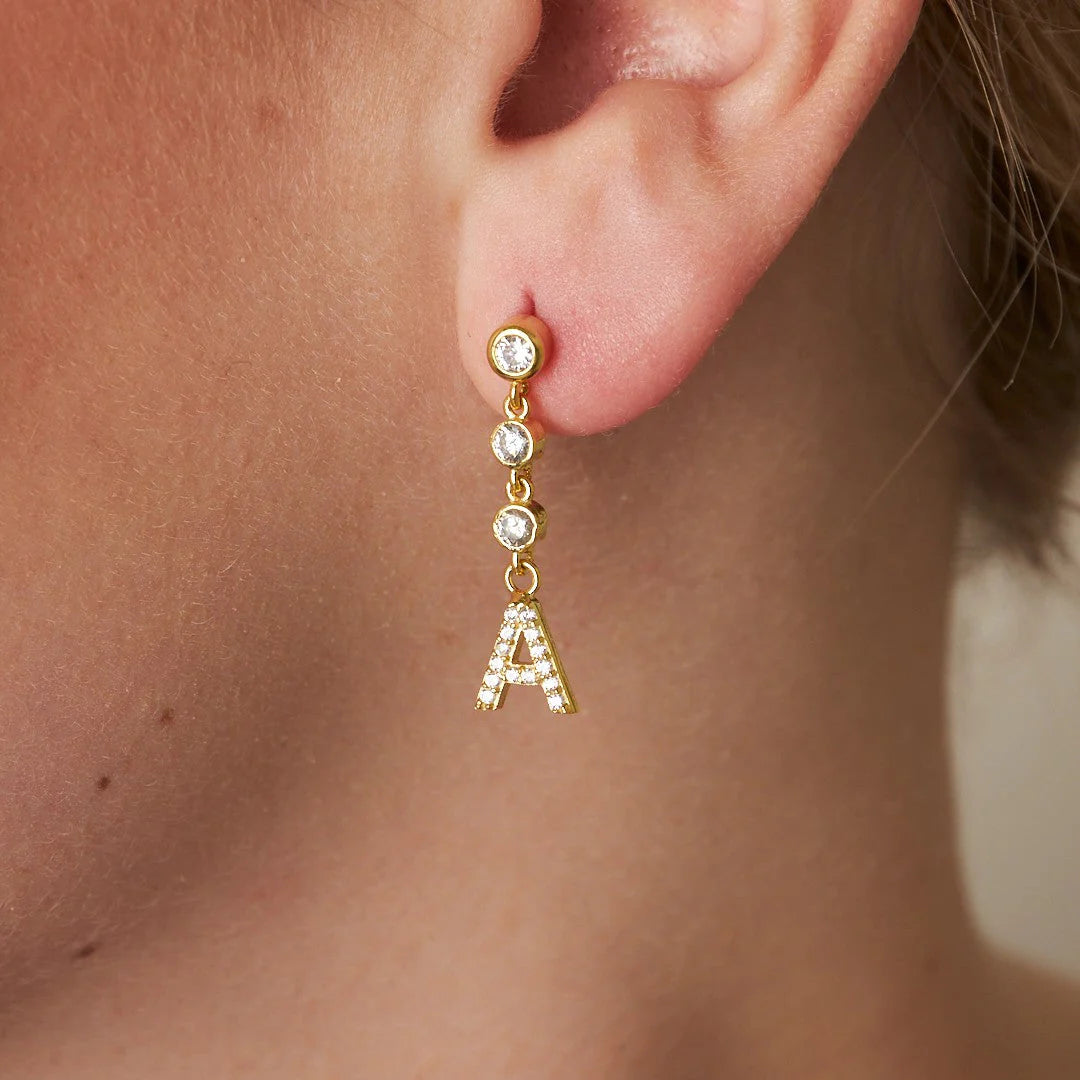 Üç Zirkon Taşlı Harf Küpe | 925 Gümüş