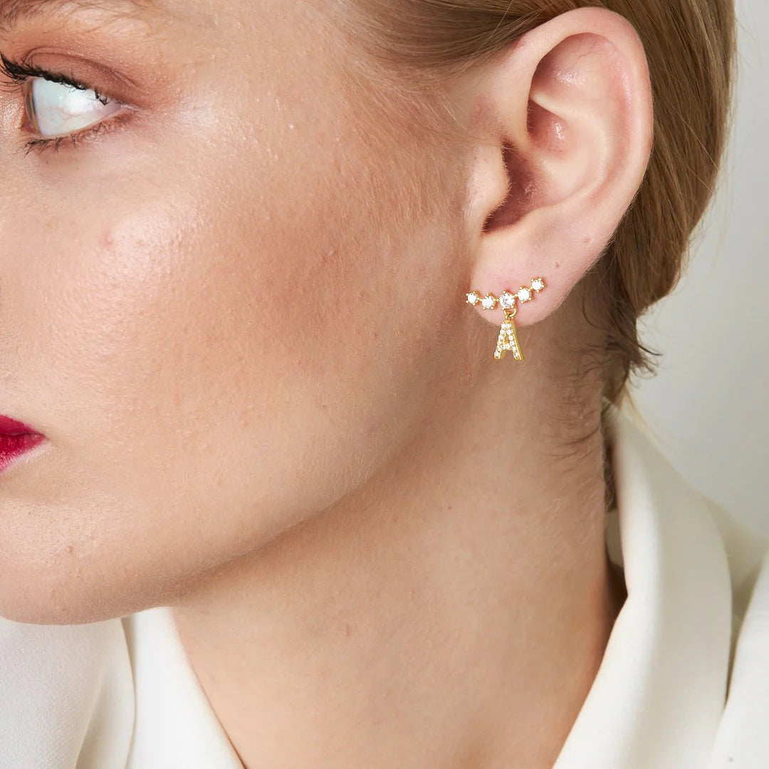 Parıltılı Tek Taşlı Harf Küpe | 925 Gümüş