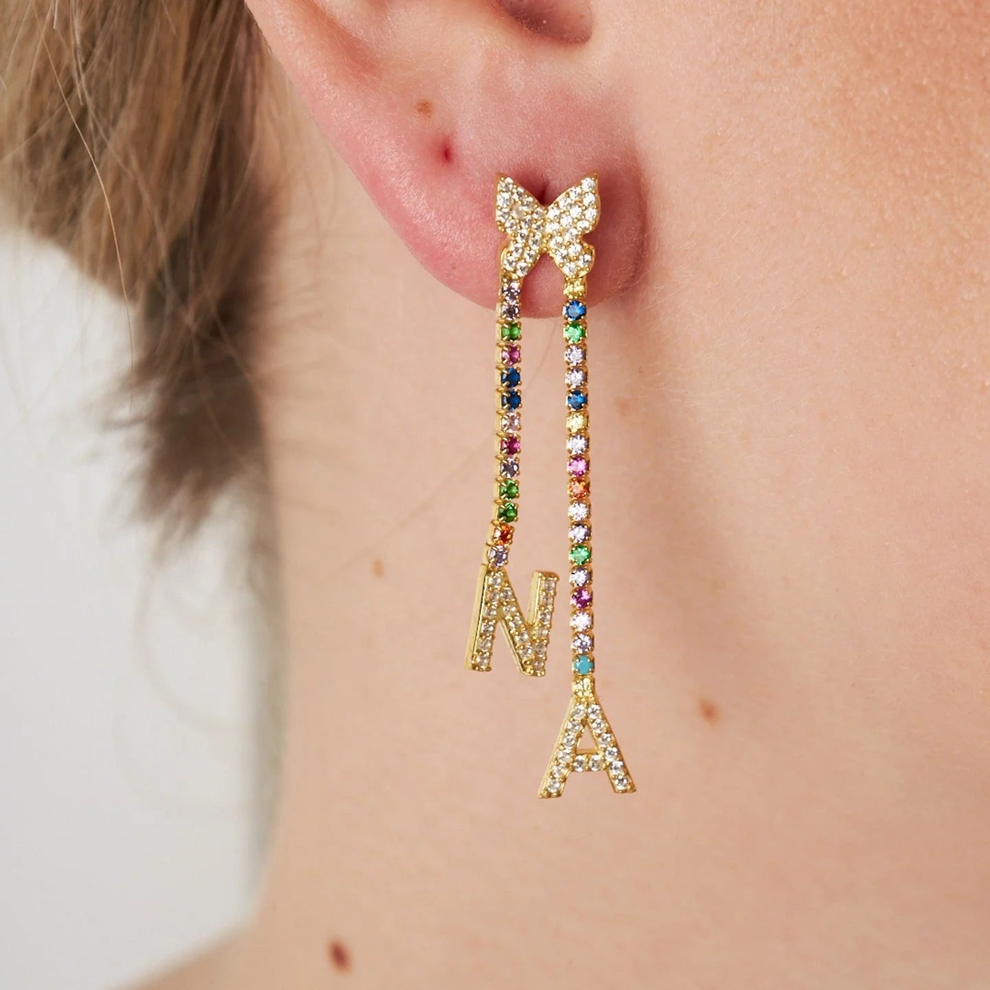 Kelebek Taşlı Renkli Su Yolu Harf Küpe | 925 Gümüş