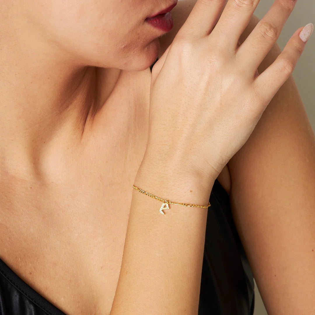 Figaro Taşlı Harf Bileklik | 925 Gümüş