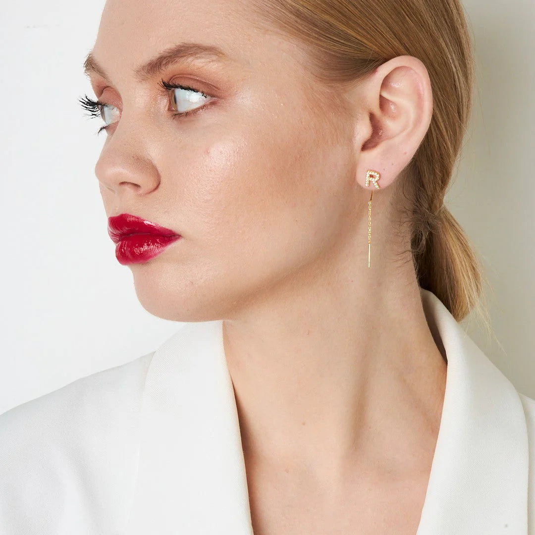 Taşlı Zincirli Harf Küpe | 925 Gümüş