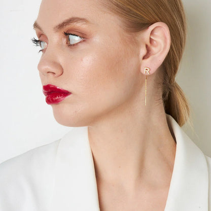 Taşlı Zincirli Harf Küpe | 925 Gümüş